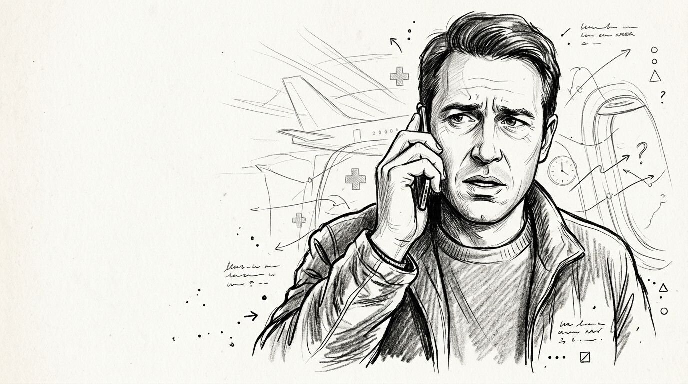 A pencil sketch of a concerned man talking on a mobile phone with medical symbols in background.