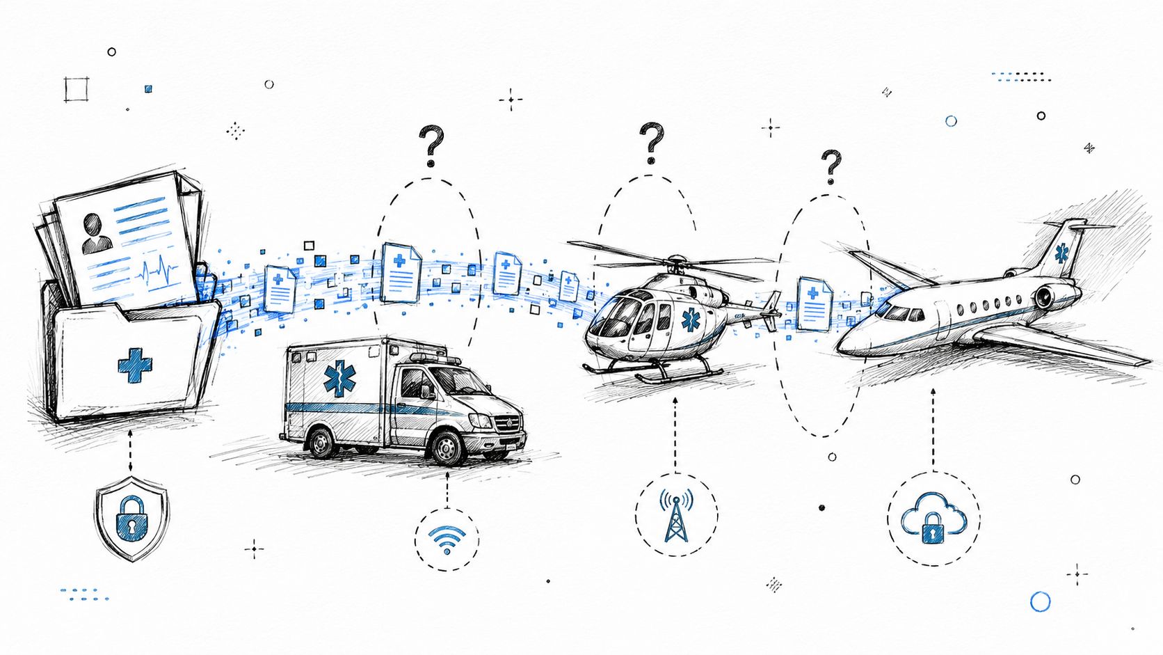 A conceptual drawing showing the secure digital transfer of medical patient records between ambulances and aircraft.