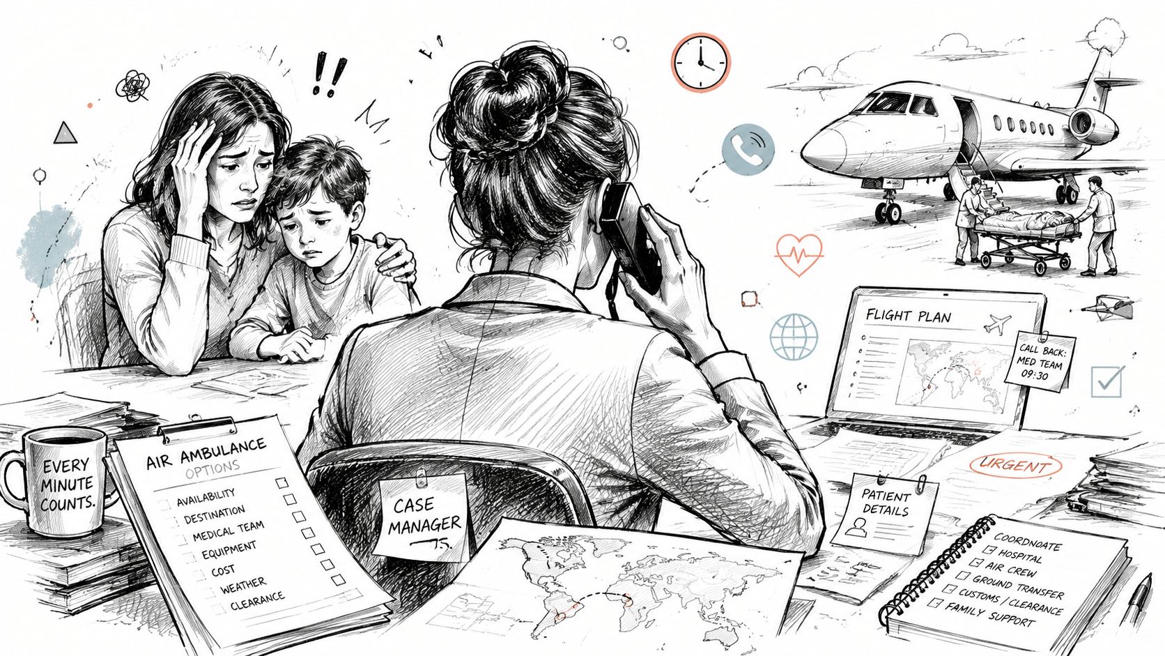 A professional case manager coordinates an urgent air ambulance medical transport for a distressed family at a desk.