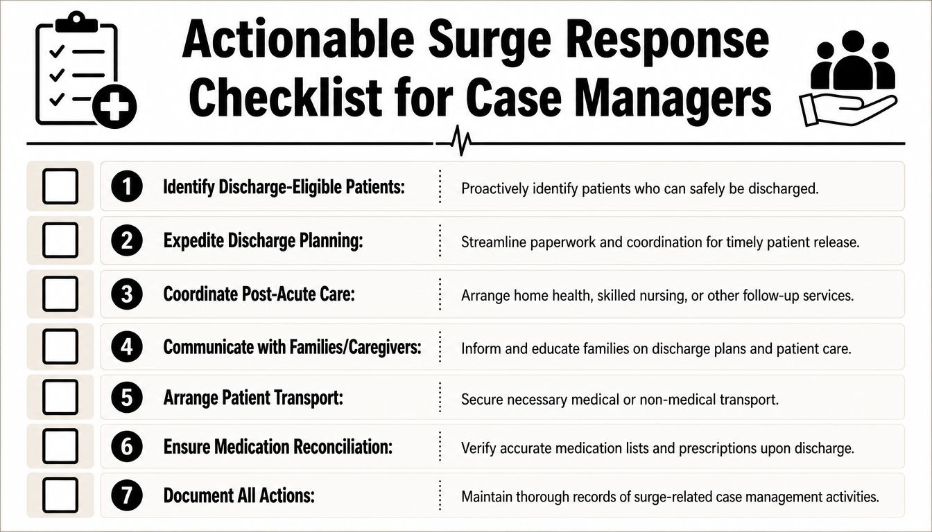 An actionable surge response checklist for case managers outlining seven essential steps for safe patient discharge.