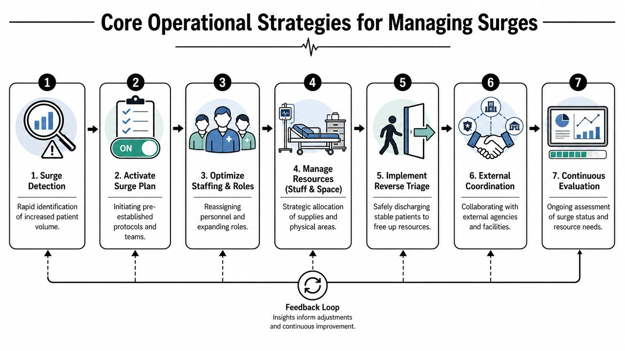 A diagram outlining seven core operational steps for healthcare facilities to effectively manage patient surge capacity.