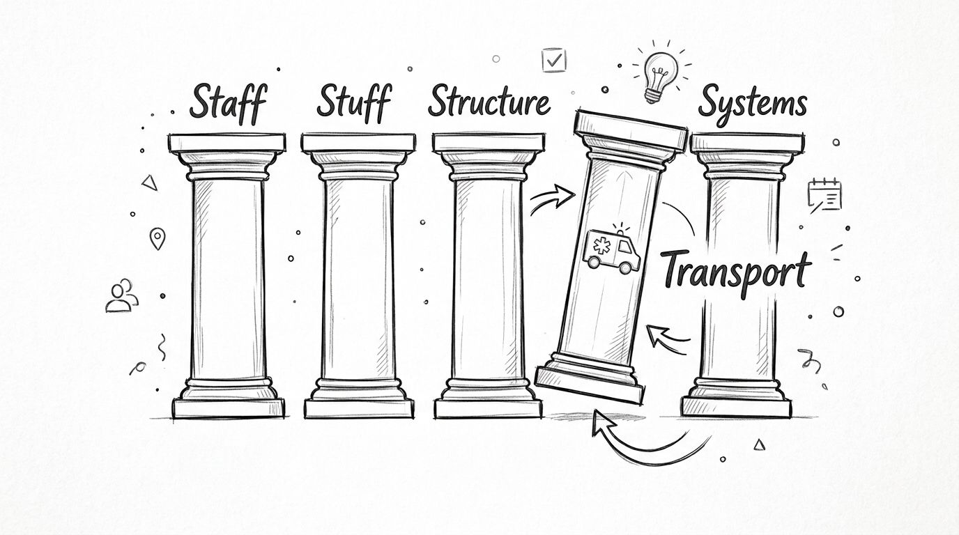 A hand-drawn illustration of pillars labeled Staff, Stuff, Structure, and Transport representing surge capacity management concepts.