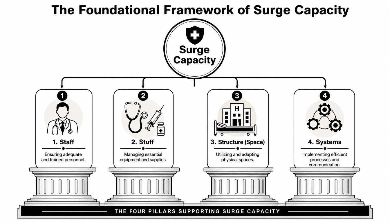 A diagram illustrating the four pillars of surge capacity: staff, stuff, structure, and systems for healthcare management.