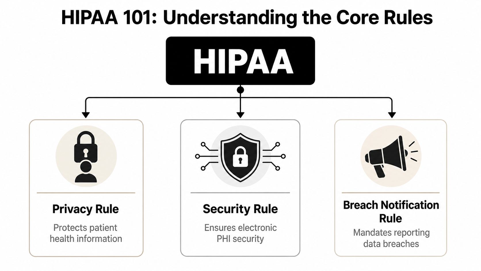 A diagram outlining the core HIPAA rules including the Privacy Rule, Security Rule, and Breach Notification Rule.