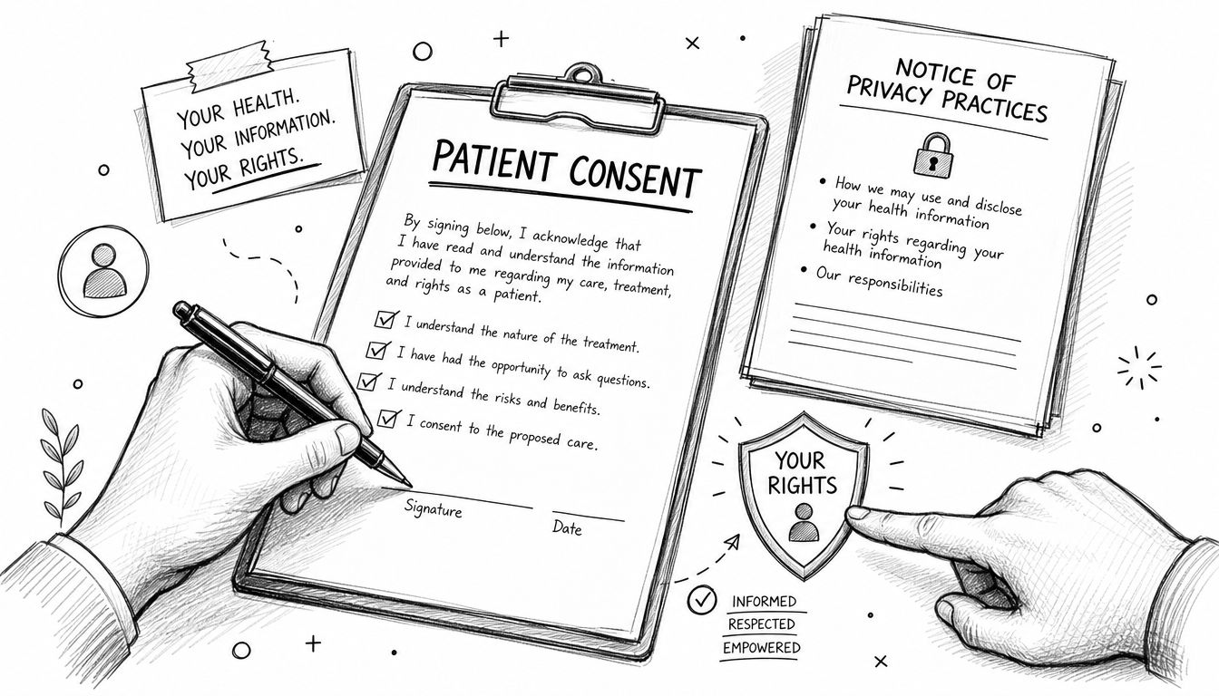 A hand signing a patient consent form with a notice of privacy practices document nearby.